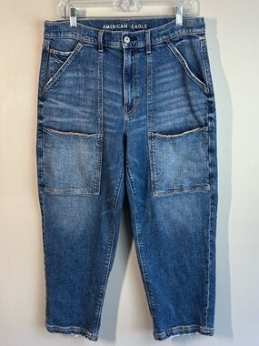 American Eagle Super High Rise Baggy Straight Utility Jeans Size 12 Short Cargo